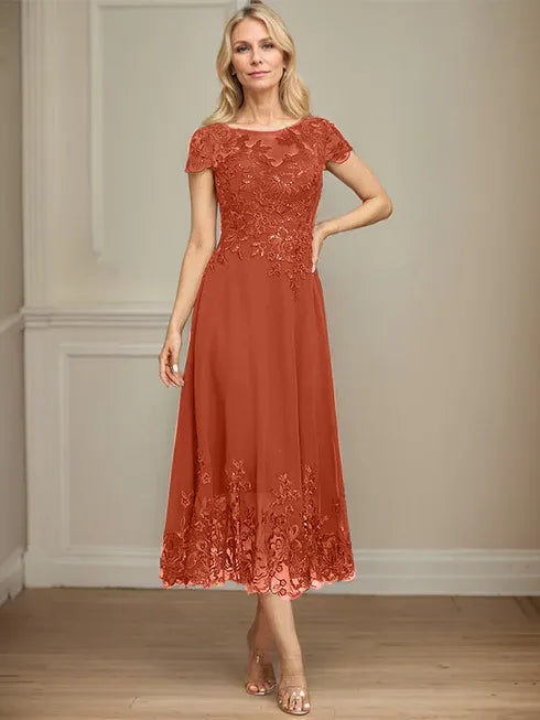 A-Line Illusion Scoop Tea-Length Lace Chiffon Mother of the Bride Dress with Sequins