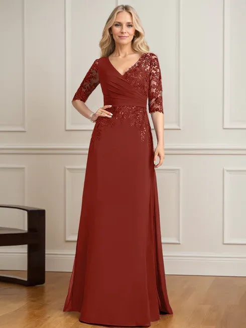 A-Line V-Neck Floor-Length Lace and Chiffon Mother of the Bride Dress with Pleated Sequins