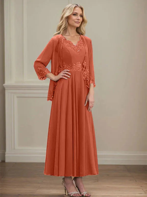 A-Line V-Neck Chiffon Mother of the Bride Dress with Sequins, Appliques, Lace, and Beading at Ankle Length