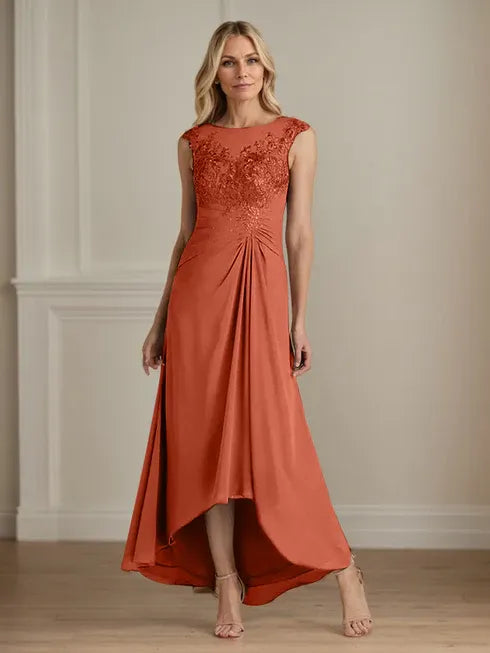 Champagne A-Line Lace and Chiffon Scoop Neck Dress
