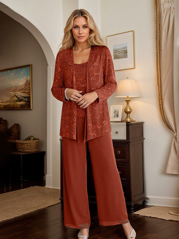 Chiffon Mother of the Bride Pantsuit Set with Jacket and Sequins