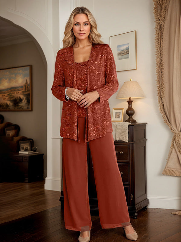 Chiffon Mother of the Bride Pantsuit Set with Jacket and Sequins