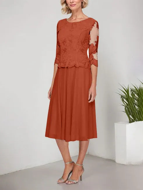 A-Line Scoop Neck Tea-Length Lace Chiffon Mother of the Bride Dress with Embroidery