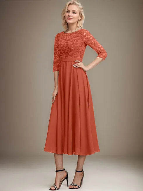 A-Line Scoop Neck Tea-Length Lace Chiffon Mother of the Bride Dress with Sequins