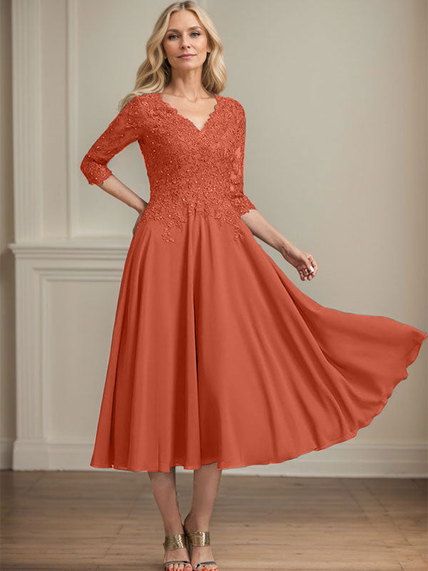A-Line V-Neck Tea-Length Chiffon and Lace Mother of the Bride Dress with Beading and Sequins