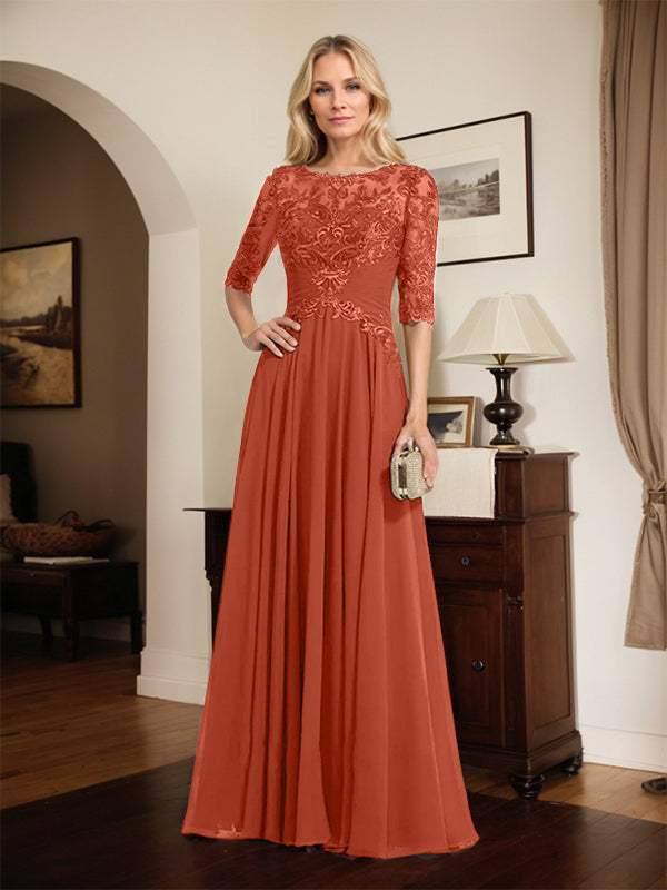 A-Line Scoop Neck Illusion Floor-Length Chiffon and Lace Mother of the Bride Dress with Pleated Sequins