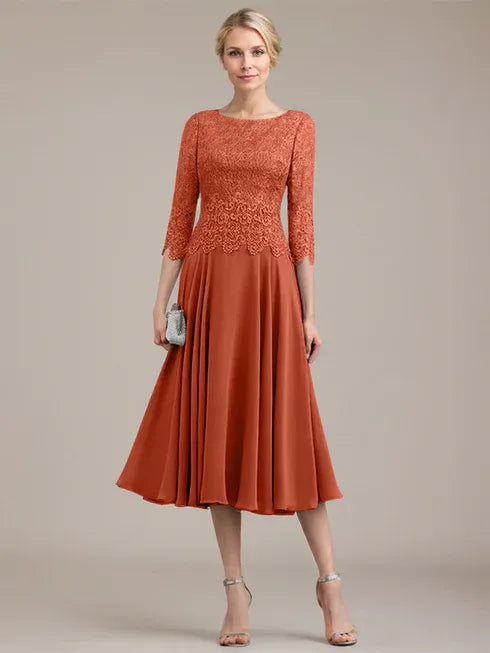 A-Line Scoop Neck Tea-Length Lace Chiffon Mother of the Bride Dress