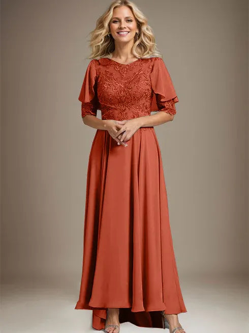 A-Line Scoop Neck Illusion Asymmetrical Chiffon and Lace Mother of the Bride Dress with Beading