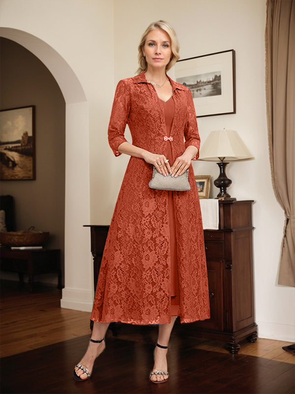 A-Line V-Neck Tea-Length Chiffon Mother of the Bride Dress