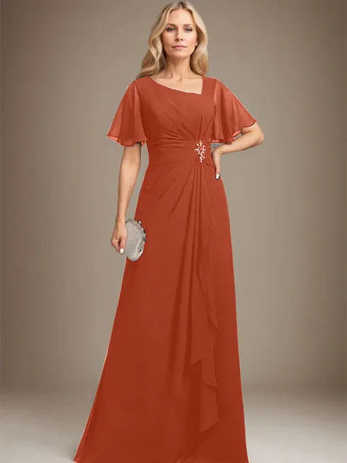 A-Line Asymmetrical Floor-Length Chiffon Mother of the Bride Dress with Pleated Beading and Sequins