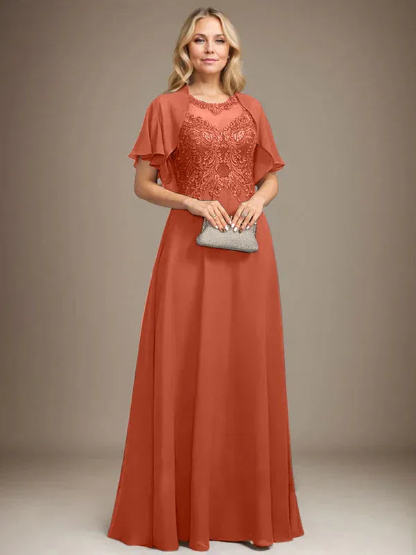 A-Line Scoop Neck Illusion Floor-Length Lace Chiffon Mother of the Bride Dress with Sequins