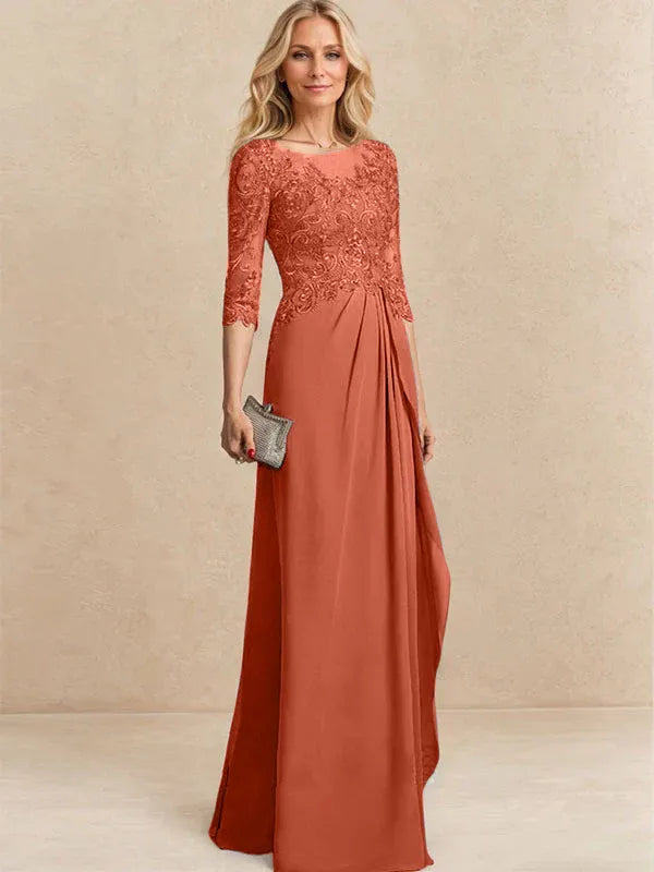 A-Line Scoop Illusion Floor-Length Chiffon and Lace Mother of the Bride Dress with Beading, Sequins, and Cascading Ruffles