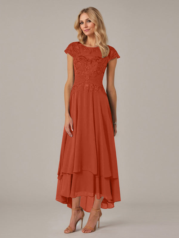 A-Line Boat Neck Illusion Asymmetrical Chiffon Lace Mother of the Bride Dress with Applique and Pleats