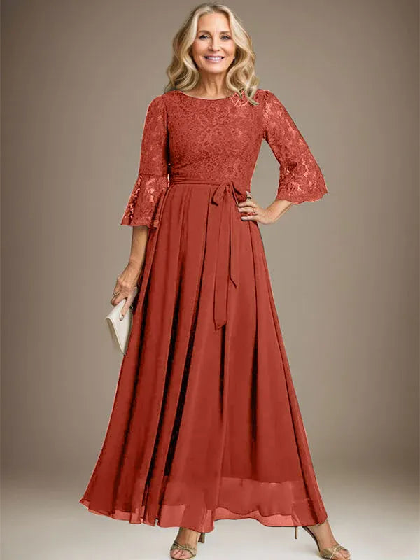 A-Line Scoop Neck Ankle-Length Lace Chiffon Mother of the Bride Dress with Bow