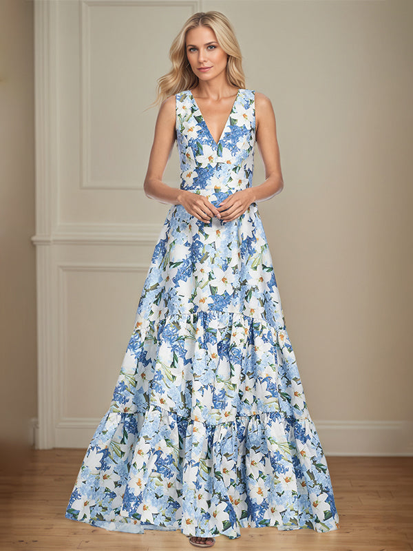 Azure Floral A-Line V-Neck Sleeveless Mother of the Bride Dress