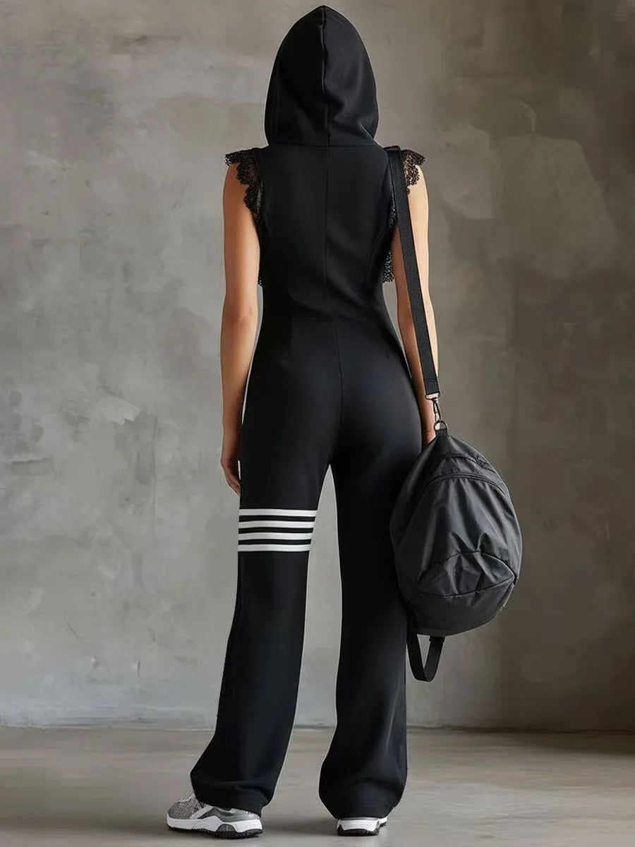 Women Fashion Hooded Sleeveless Jumpsuit Lace Trim Armholes Zip Striped Wide Leg Pants Side Pockets Casual Streetwear Romper