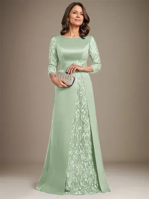 Floor-Length A-Line Lace Satin Mother of the Bride Dress with Scoop Neck and Applique