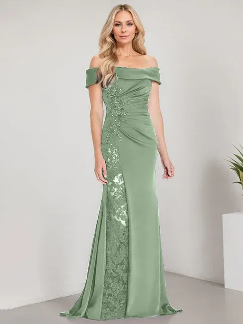 A-Line Off-the-Shoulder Floor-Length Mother of the Bride Dress with Appliqué Beadings and Mermaid Silhouette Featuring a High Split