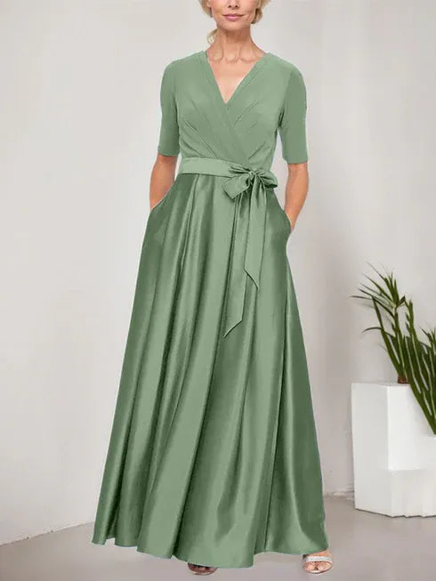 Surplice Neckline Ballgown with Full Satin Skirt and Jersey Bodice