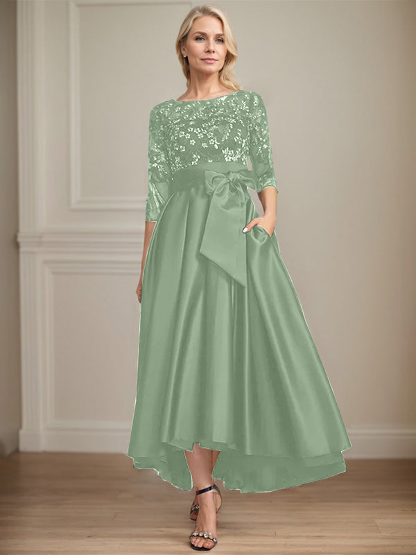 A-Line Scoop Neck Illusion Asymmetrical Satin Lace Mother of the Bride Dress with Bow