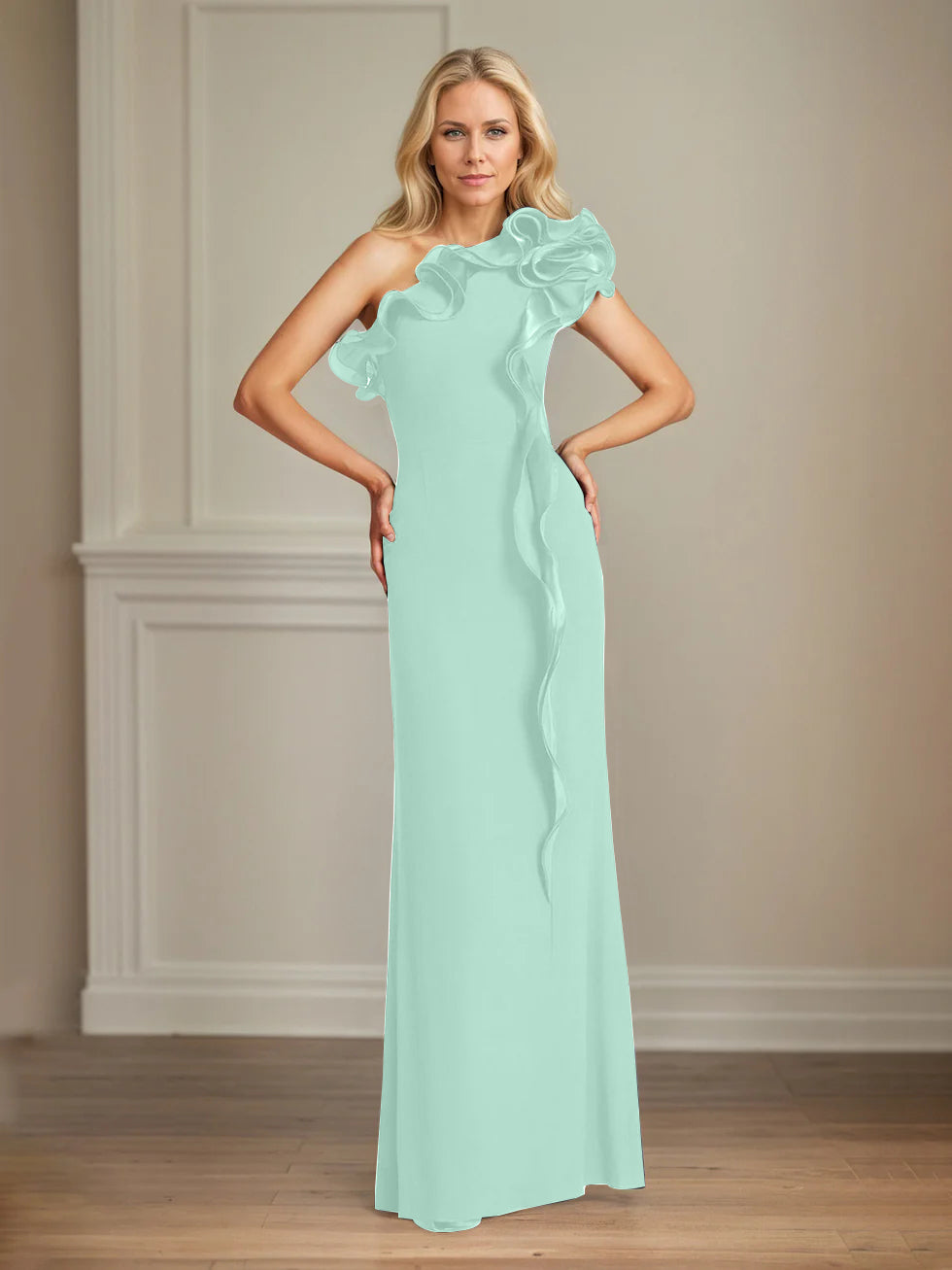 Navy Stretch Crepe One-Shoulder Sheath Dress with Ruffles – Floor-Length Mother of the Bride Gown