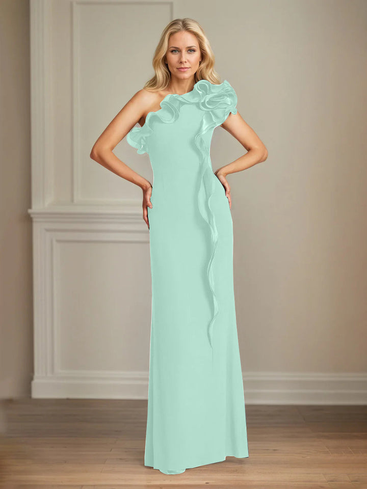 Navy Stretch Crepe One-Shoulder Sheath Dress with Ruffles – Floor-Length Mother of the Bride Gown