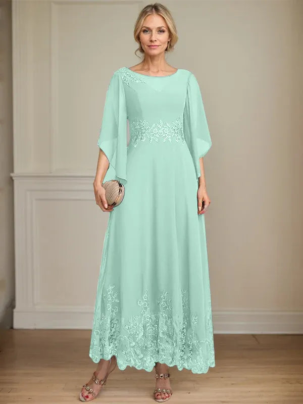 A-Line Scoop Neck Illusion Lace Chiffon Mother of the Bride Dress with Sequins and Ankle-Length Hem