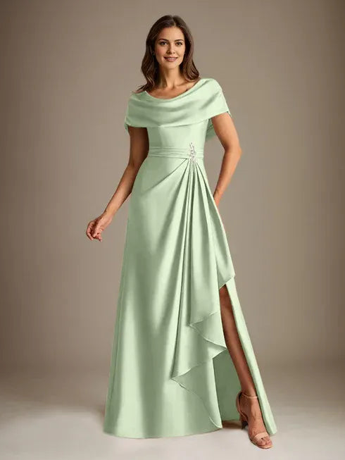 A-Line Scoop Neck Floor-Length Stretch Satin Mother of the Bride Dress with Cascading Ruffles