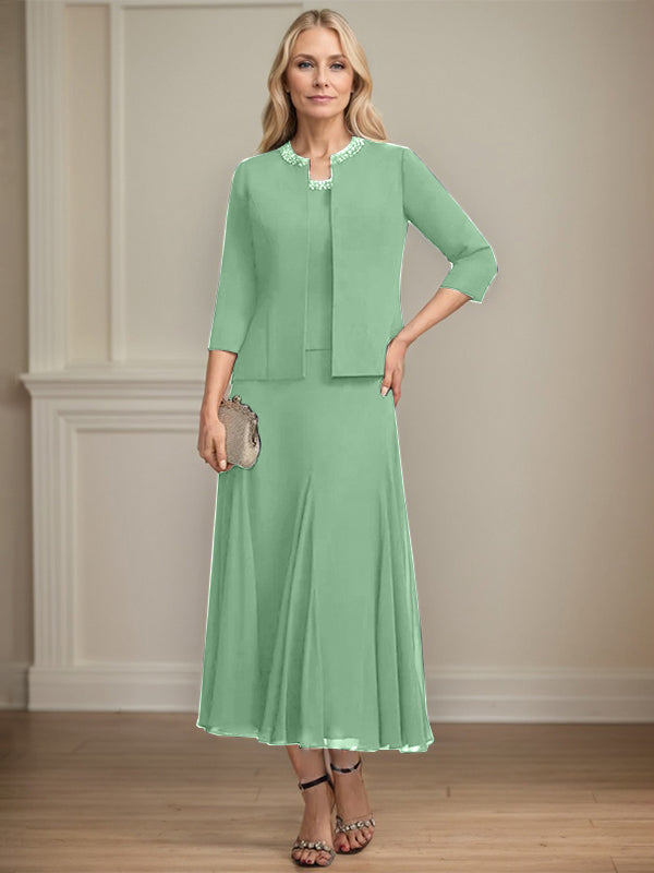 A-line Scoop Tea-Length Chiffon Mother of the Bride Dress with Sequins and Beading Separates