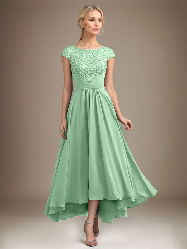 A-Line Scoop Neck Illusion Asymmetrical Lace Chiffon Mother of the Bride Dress with Pleats
