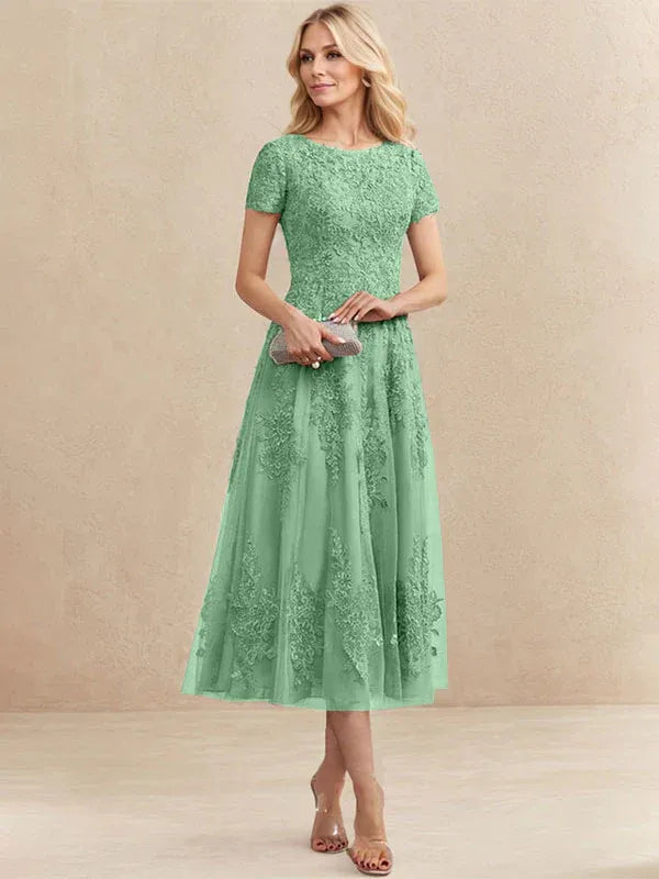 A-Line Scoop Neck Tea-Length Tulle Lace Mother of the Bride Dress