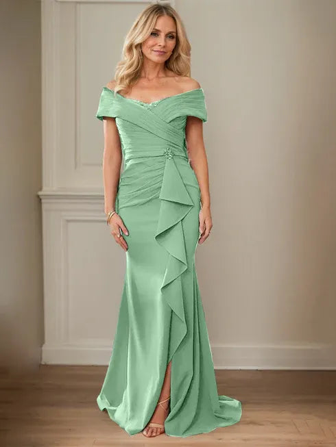 Floor-Length Lace and Chiffon Mother of the Bride Dress with Sheath/Column V-Neck Illusion and Pleated Sequins