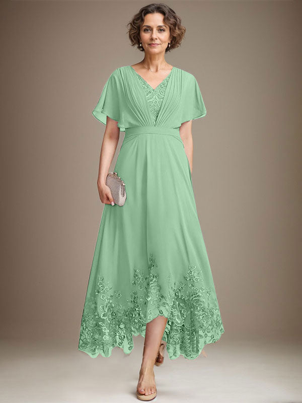 A-Line V-Neck Asymmetrical Lace Chiffon Mother of the Bride Dress with Pleats