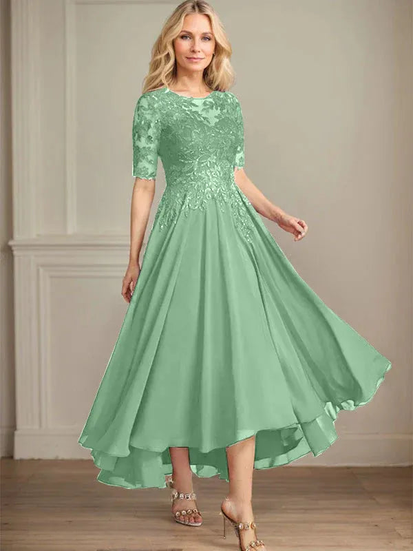 A-Line Scoop Neck Illusion Asymmetrical Chiffon and Lace Mother of the Bride Dress with Sequins