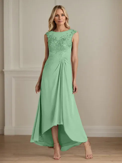 Champagne A-Line Lace and Chiffon Scoop Neck Dress