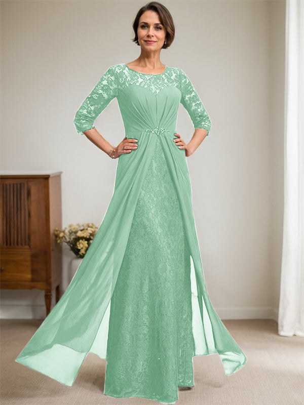 A-Line Scoop Neck Illusion Floor-Length Lace Chiffon Mother of the Bride Dress with Beaded Ruffles