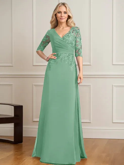 A-Line V-Neck Floor-Length Lace and Chiffon Mother of the Bride Dress with Pleated Sequins