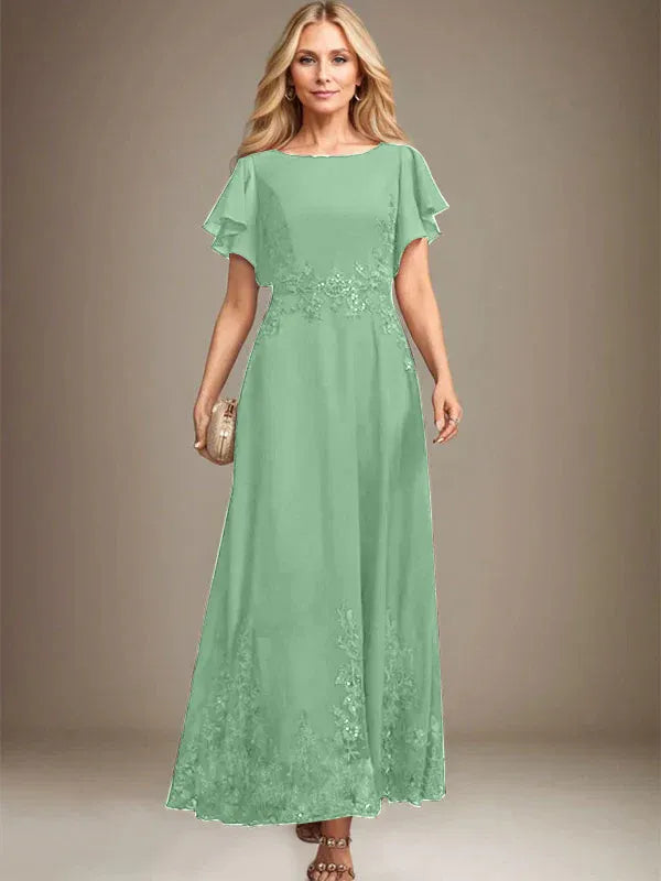 A-Line Scoop Neck Ankle-Length Lace and Chiffon Mother of the Bride Dress with Sequins