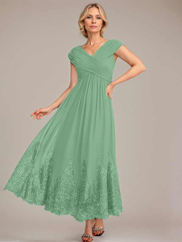 A-Line V-Neck Chiffon Mother of the Bride Dress with Appliqué and Sequins, Ankle-Length