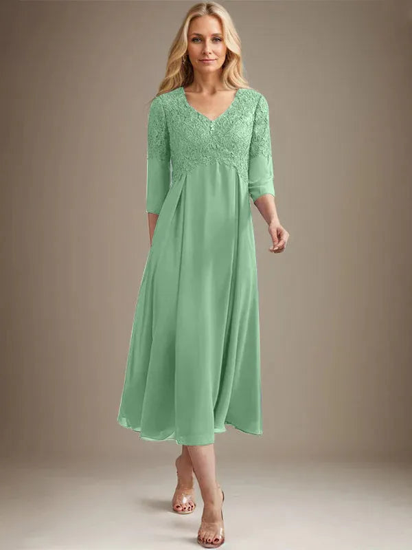 A-Line V-Neck Tea-Length Chiffon Lace Mother of the Bride Dress with Beading