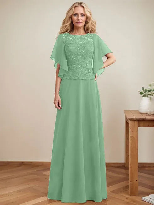 A-Line Scoop Neck Illusion Floor-Length Lace Chiffon Mother of the Bride Dress with Sequins