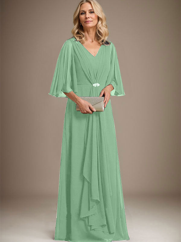A-Line V-Neck Floor-Length Chiffon Mother of the Bride Dress with Cascading Ruffles and Crystal Brooch