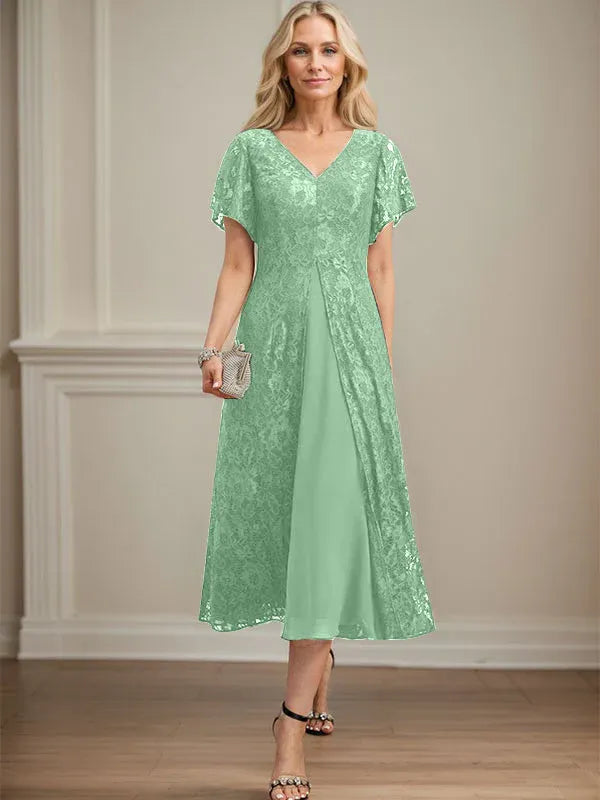 A-Line V-Neck Tea-Length Lace Chiffon Mother of the Bride Dress