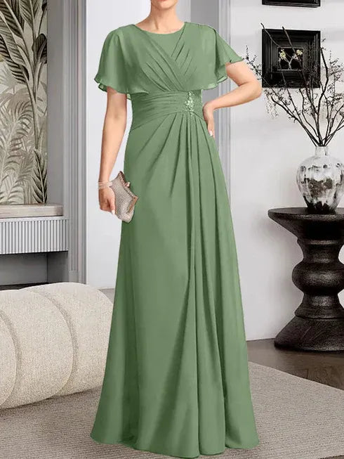A-Line Scoop Neck Floor-Length Chiffon Mother of the Bride Dress with Pleated Beading