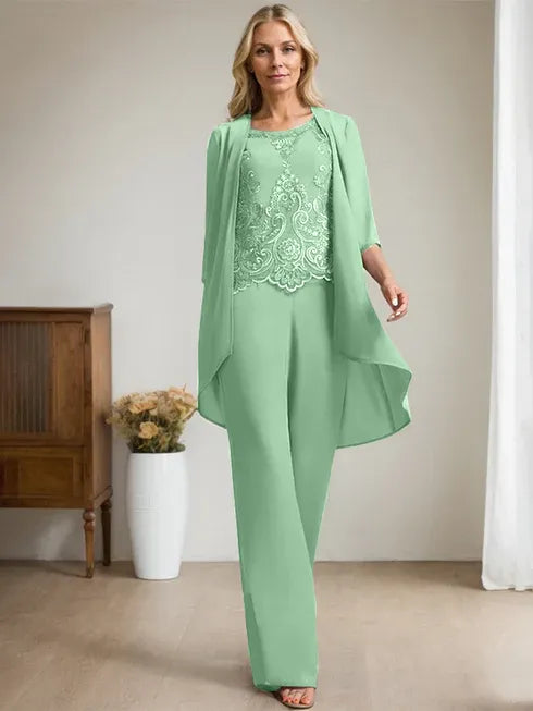 Floor-Length Chiffon Lace Mother of the Bride Jumpsuit/Pantsuit with Scoop Neck, Beading, and Sequins