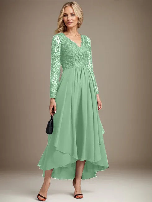 A-Line V-Neck Asymmetrical Lace Chiffon Mother of the Bride Dress