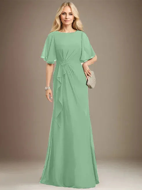 A-Line Scoop Floor-Length Chiffon Mother of the Bride Dress with Cascading Ruffles, Beading, and Sequins