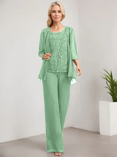 Floor-Length Lace Chiffon Mother of the Bride Jumpsuit/Pantsuit with Scoop Neck and Sequins