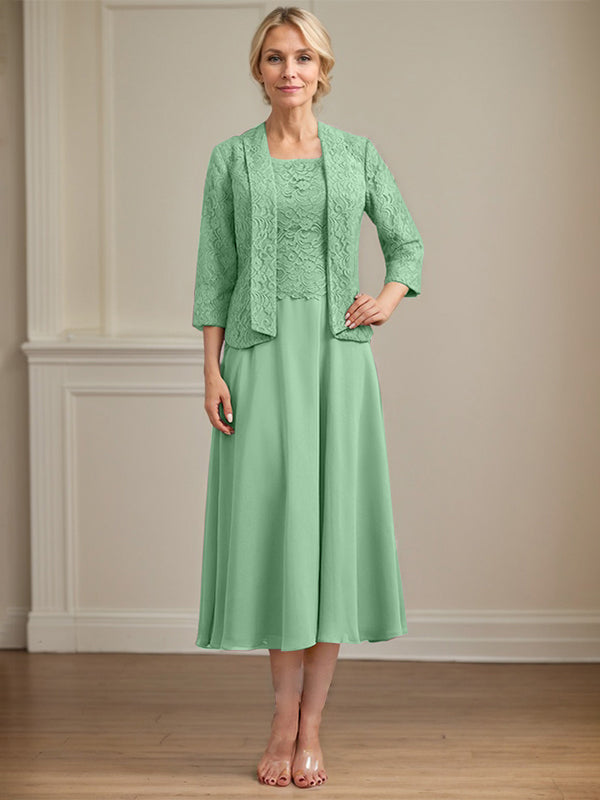 A-Line Scoop Neck Tea-Length Lace Chiffon Mother of the Bride Dress