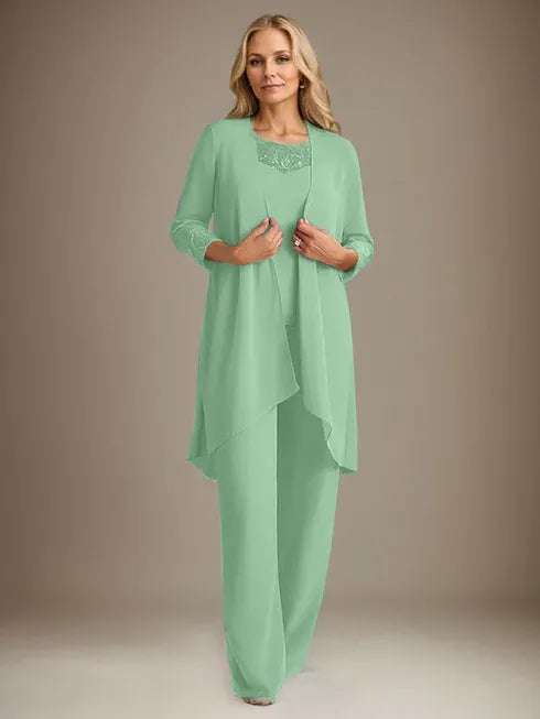 Chiffon Scoop Neck Long Sleeve Mother of the Bride Pantsuit with Jacket